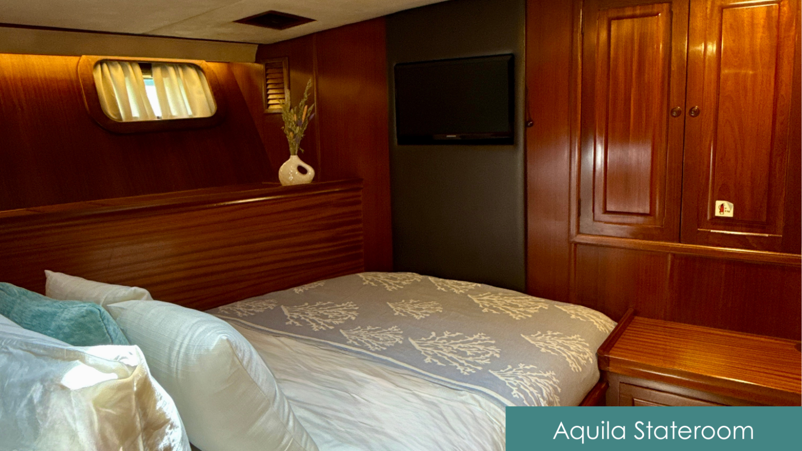 Premium stateroom with wood paneling, bed, small window, wall-mounted TV, and cabinet.
