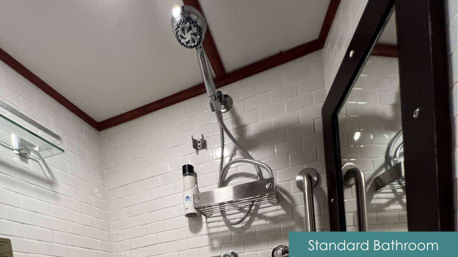 Showerhead and toiletries in a white tiled bathroom with a mirror reflection.