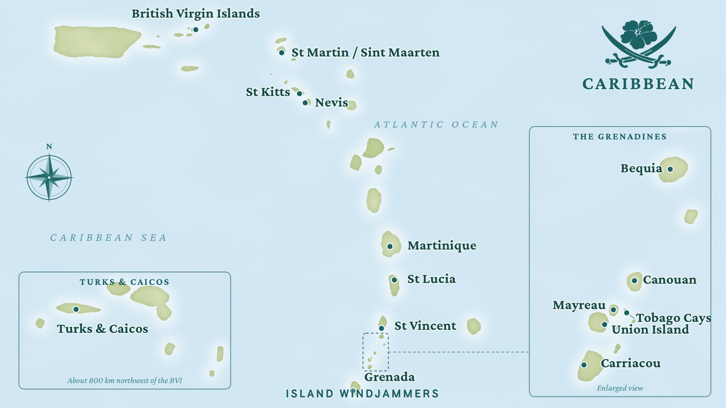 Map of the Caribbean islands with labeled locations of Diamant stops.