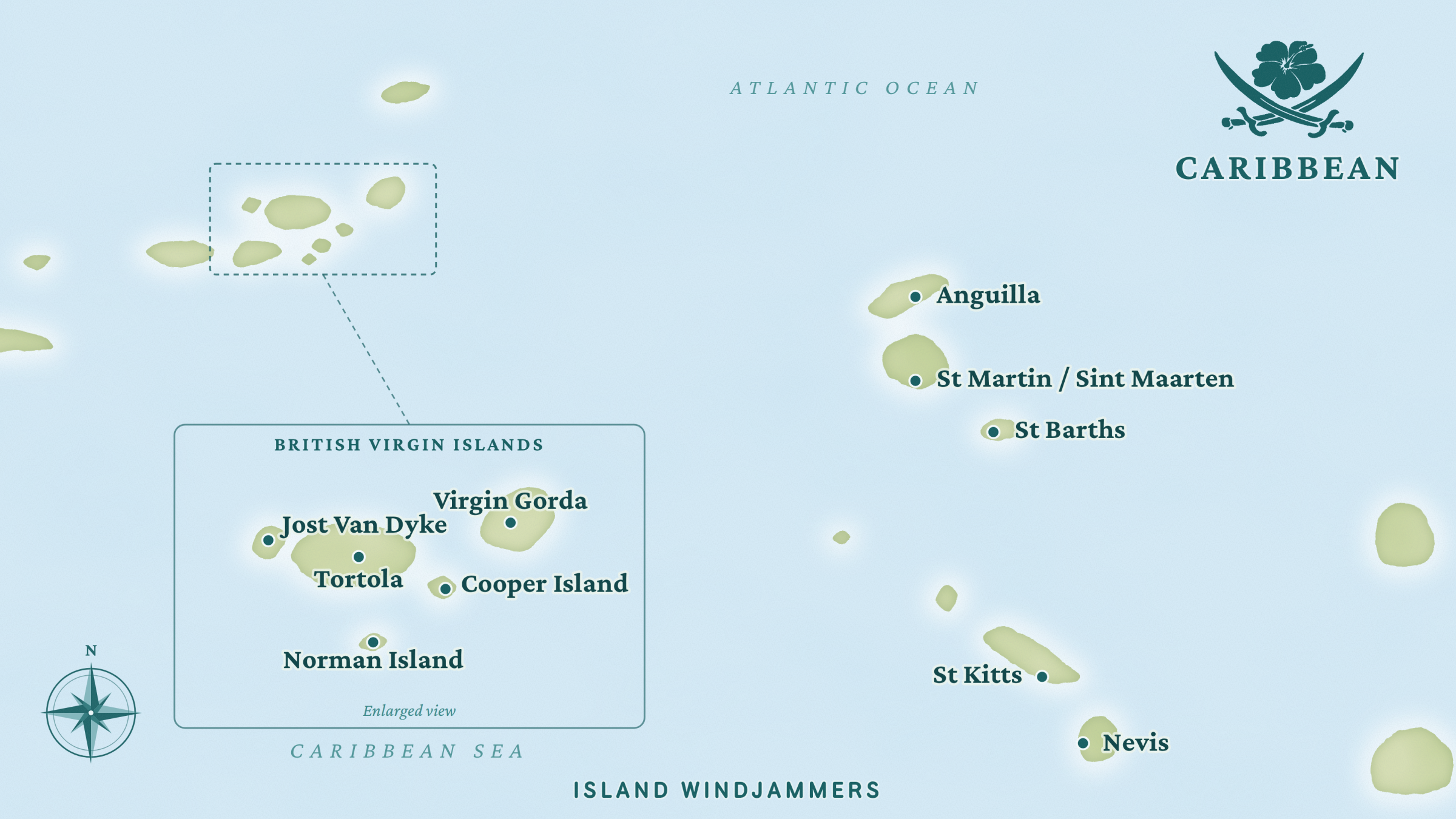 Map of the Caribbean islands with labeled locations of Klara stops.