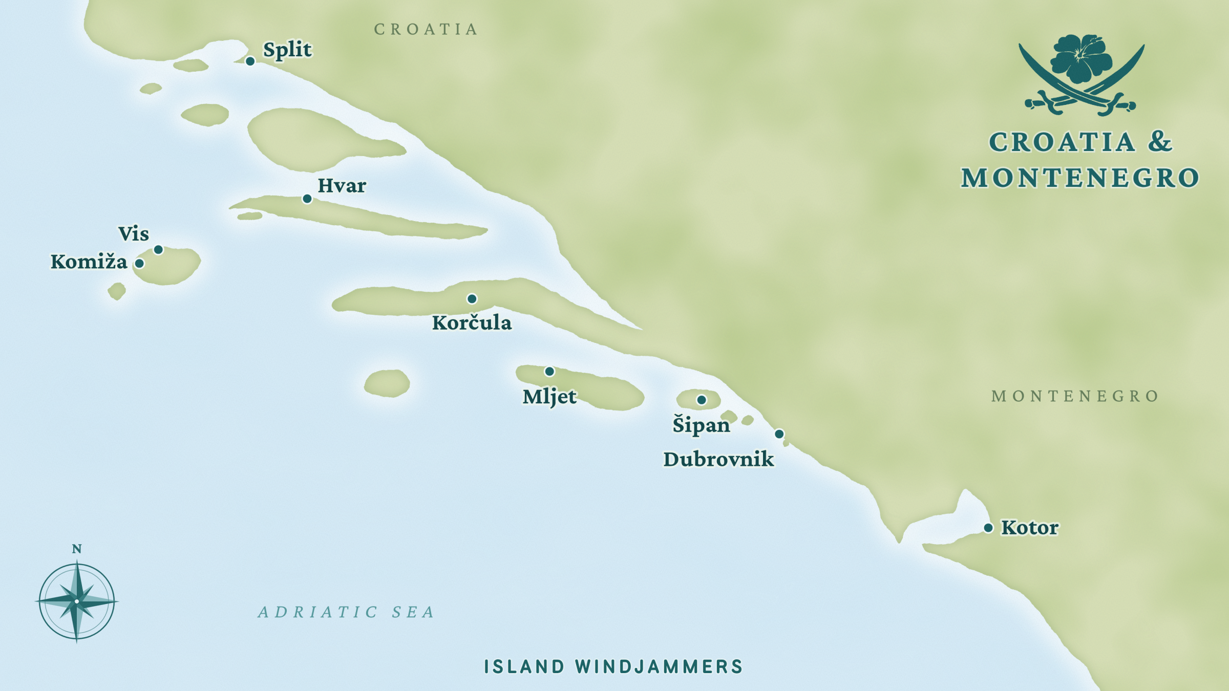 Map of the Croatia islands and Montenegro with labeled locations of Leda stops.