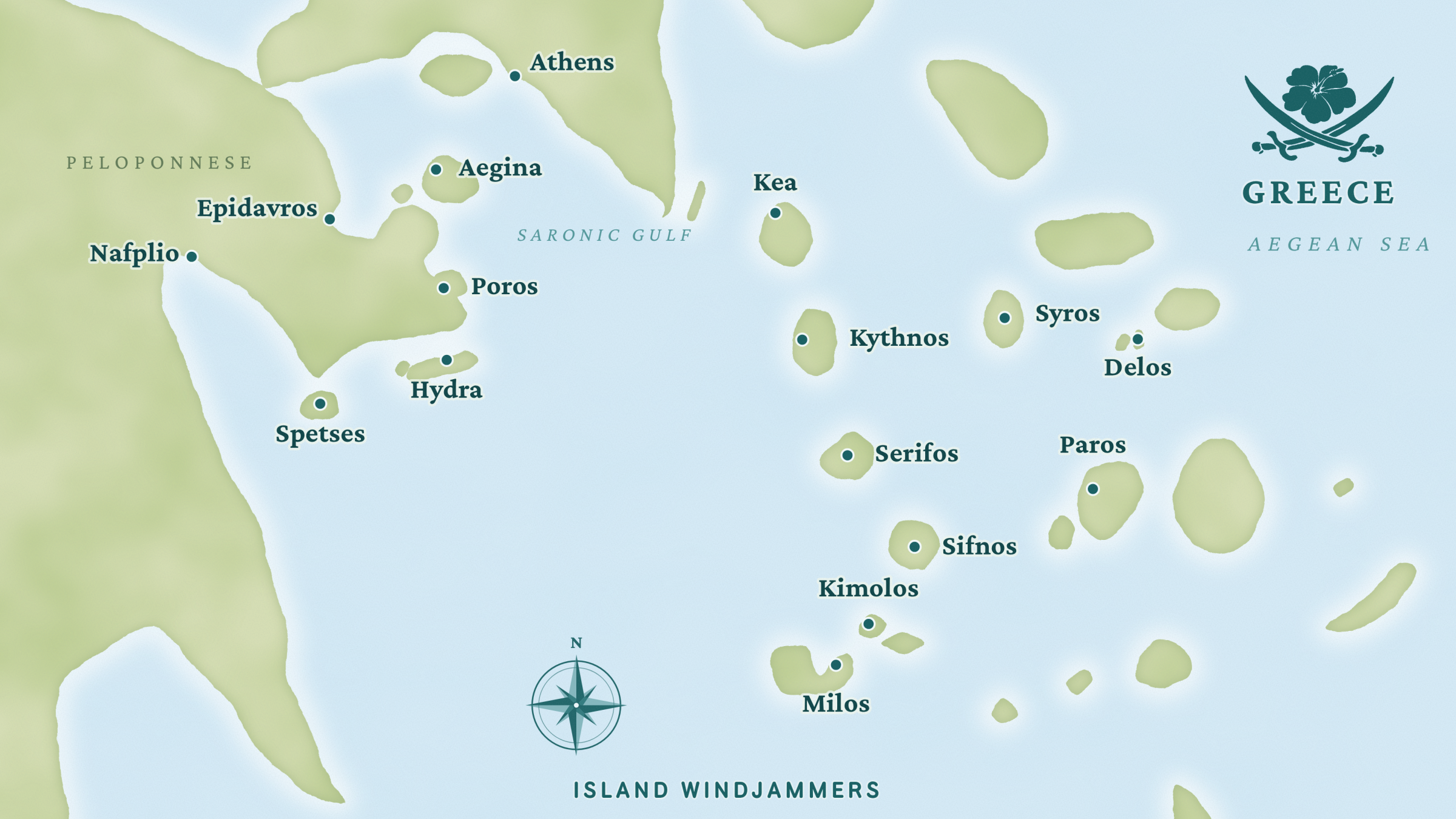 Map of the Cyclades islands in Greece with labeled locations of Lyra stops.
