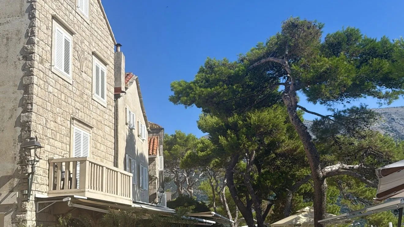 Sunny street with cafes, stone buildings, and trees under a clear blue sky.