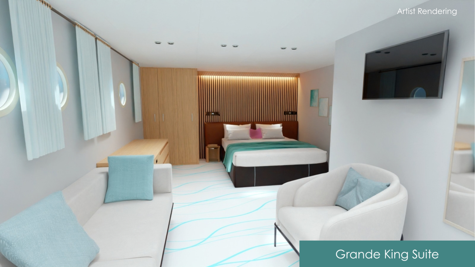 Modern hotel suite with king bed, sofa, chair, and TV.