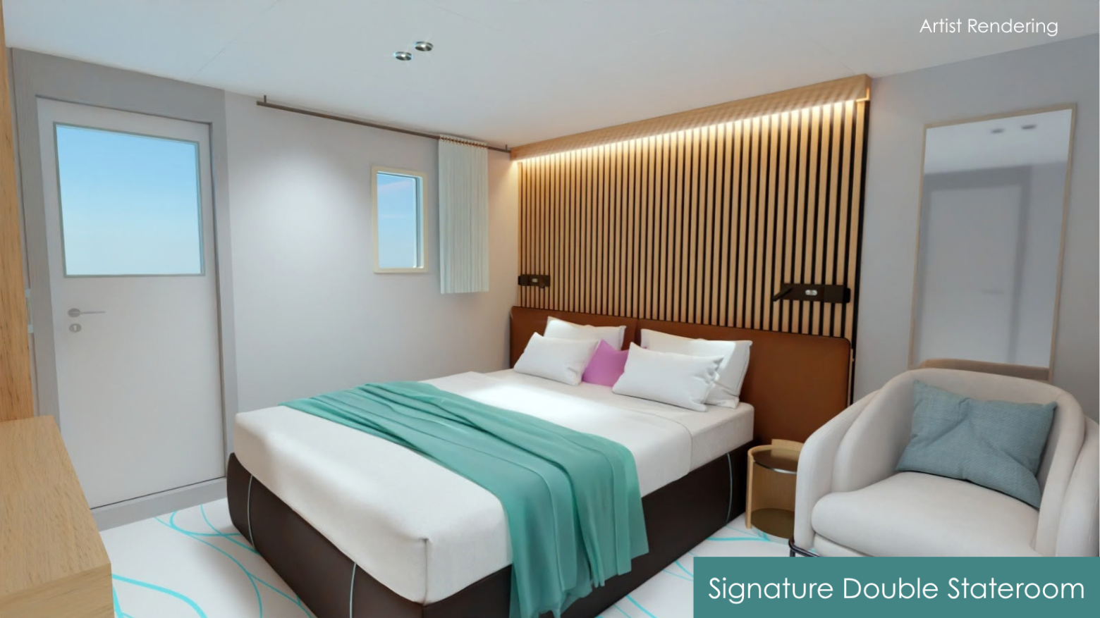 Modern stateroom with bed, chair, and wood accents.