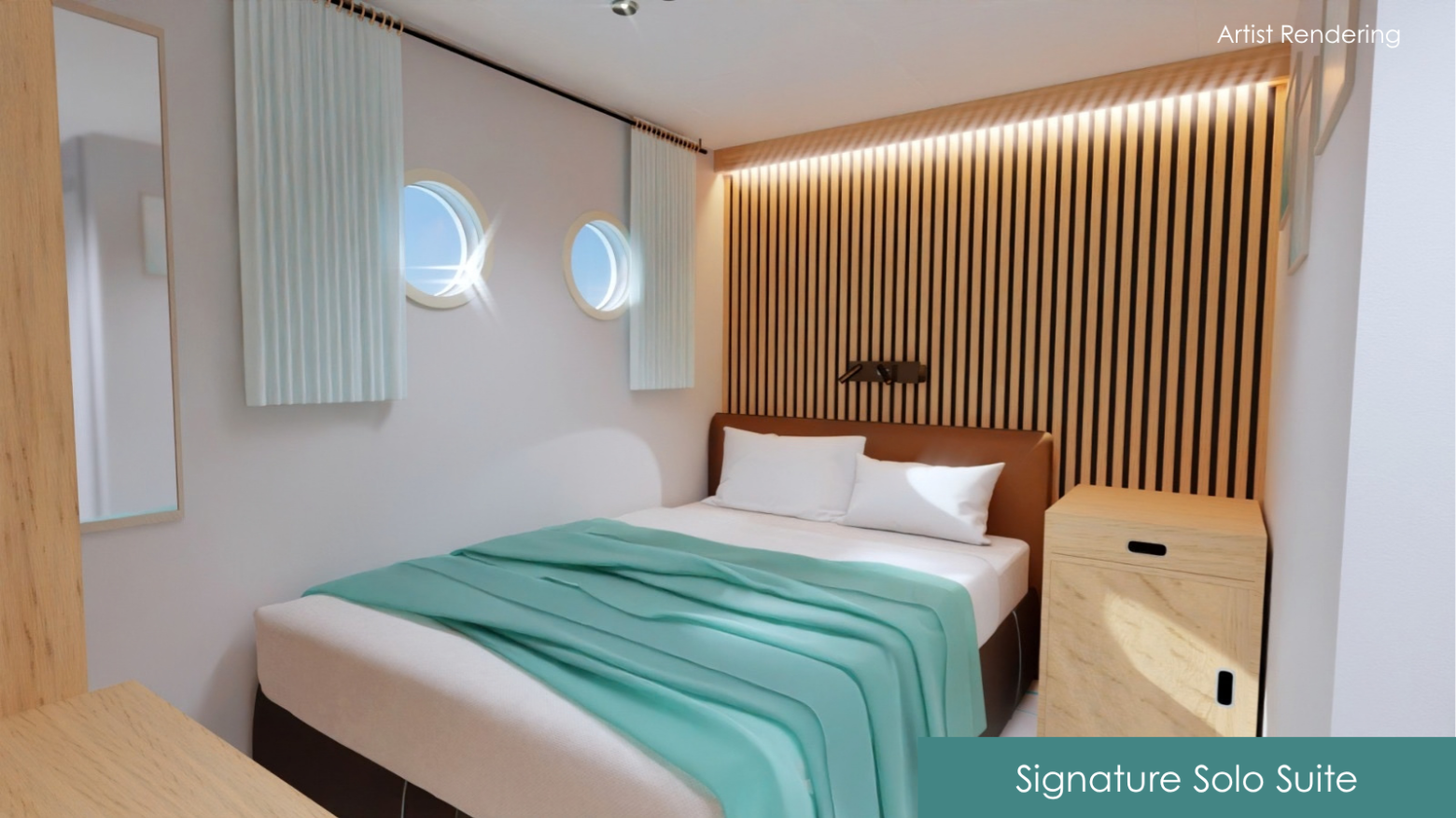 Modern bedroom with porthole windows, wooden slat wall, and teal bedding.