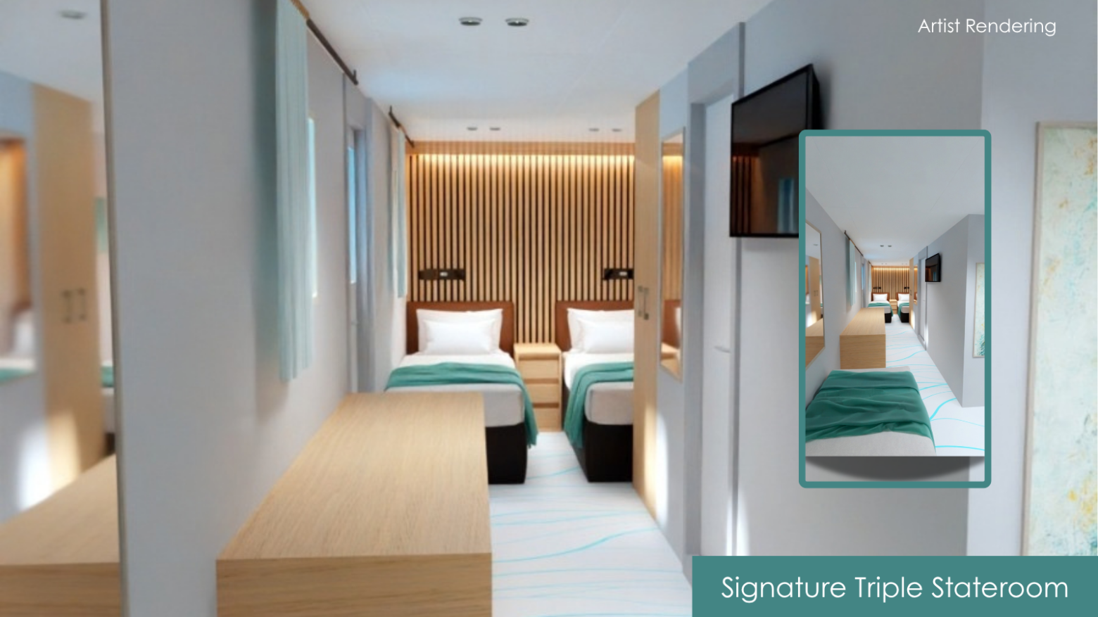 Modern cruise stateroom with two beds, wooden decor, and a wall-mounted TV.