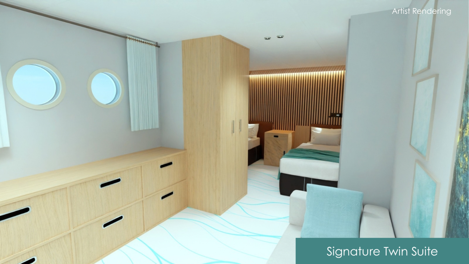 Modern twin suite with wooden furniture, porthole windows, beds, and ocean-themed decor.